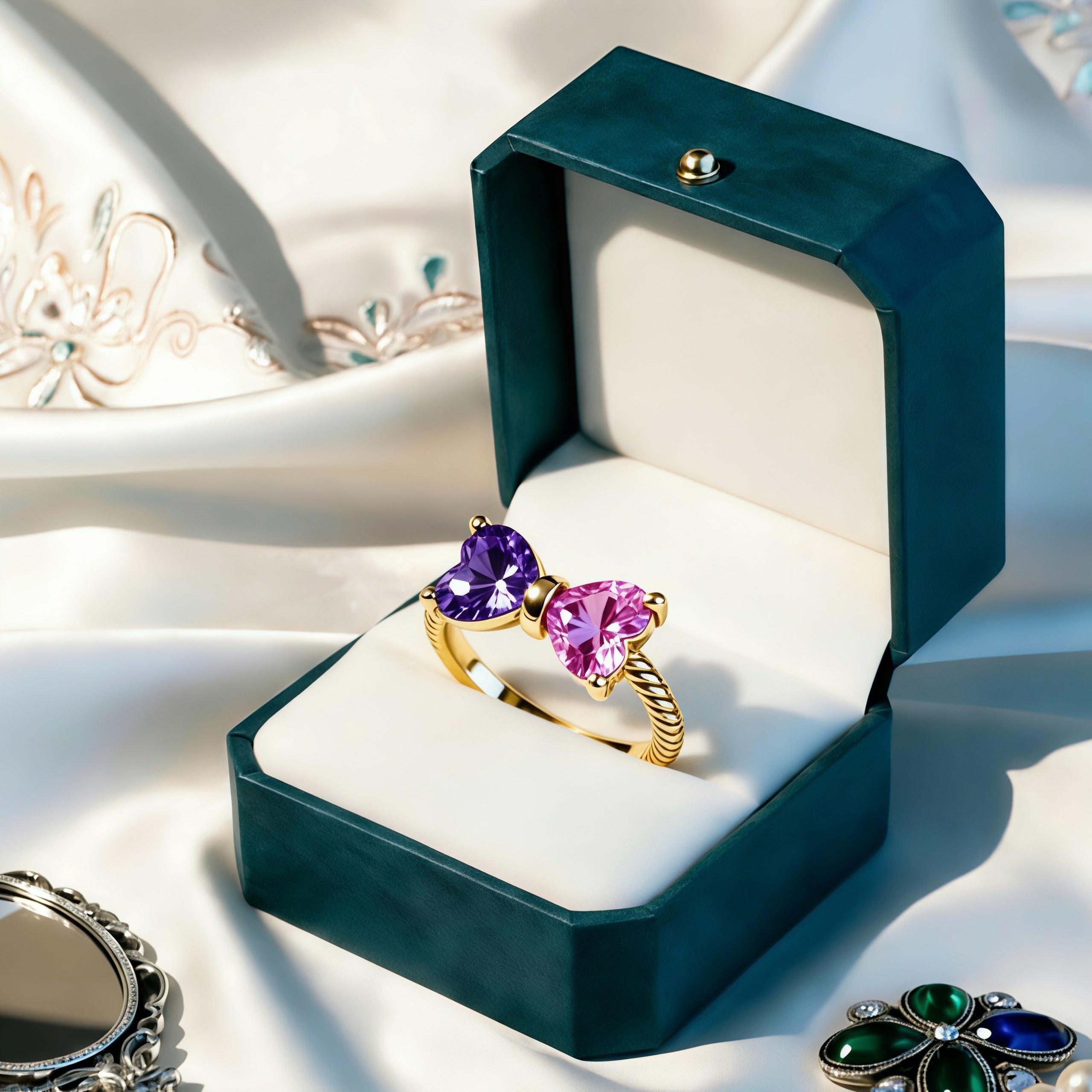 Personalized Heart Birthstones Bow Ring Custom Two Heart Birthstone Ring Adjustable Bow Knot Best Friend Gift